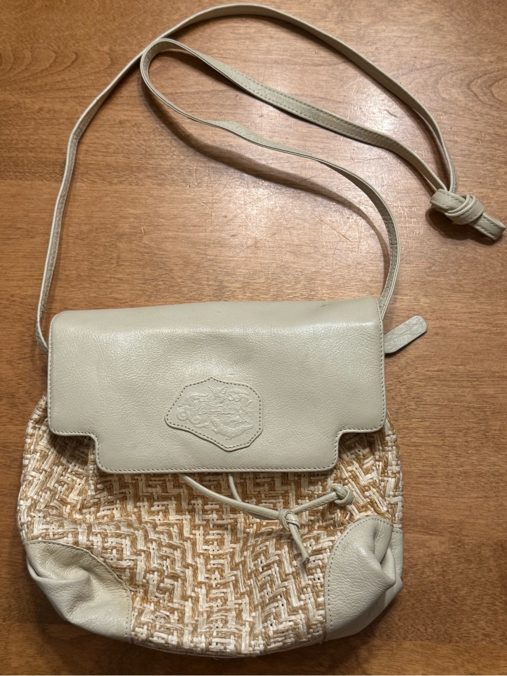 Vintage Carlos Falchi Cream Leather & Natural Woven Crossbody Bag